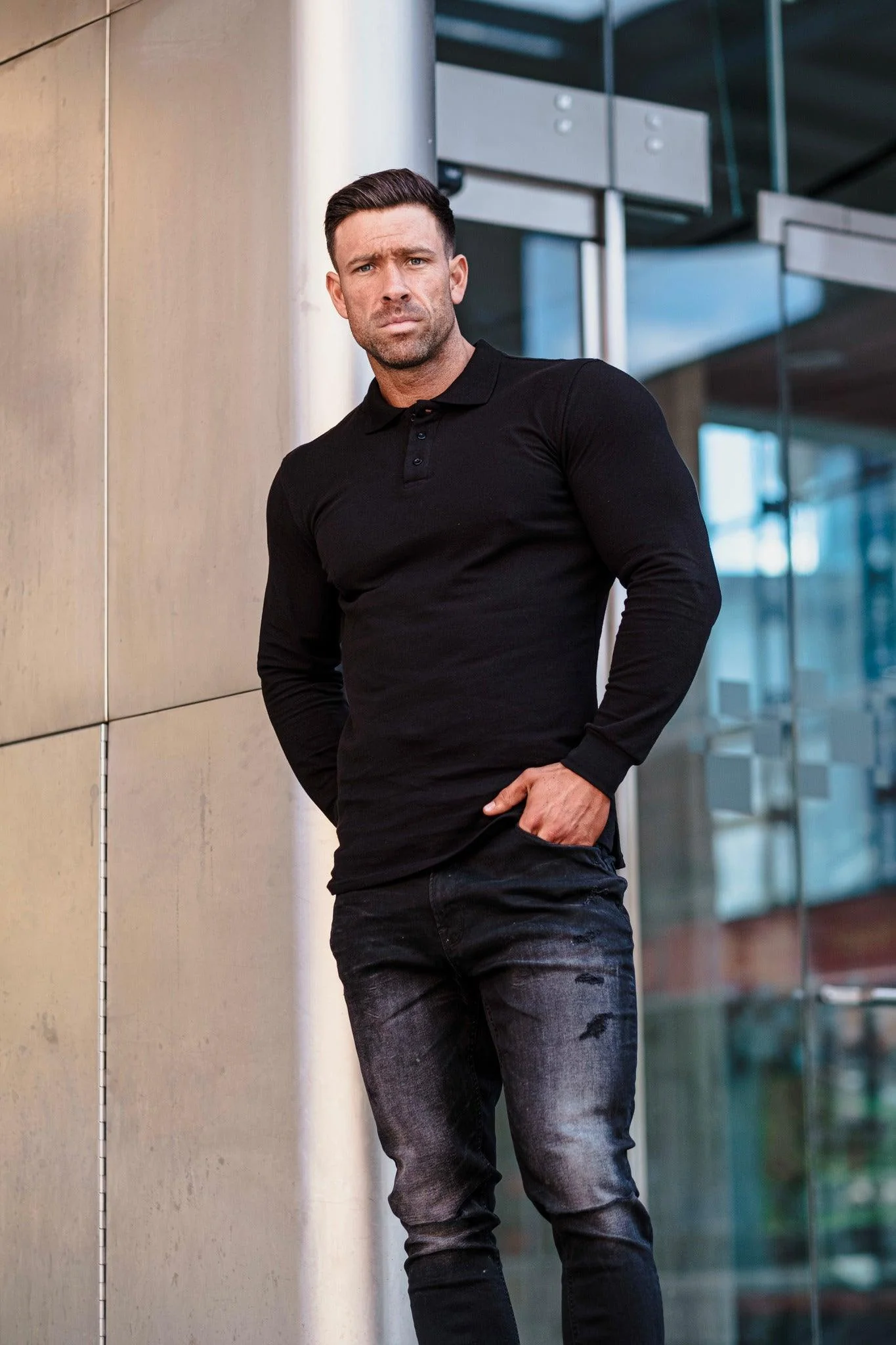 Long Sleeve Black Tapered Fit Polo Shirt - Image 14