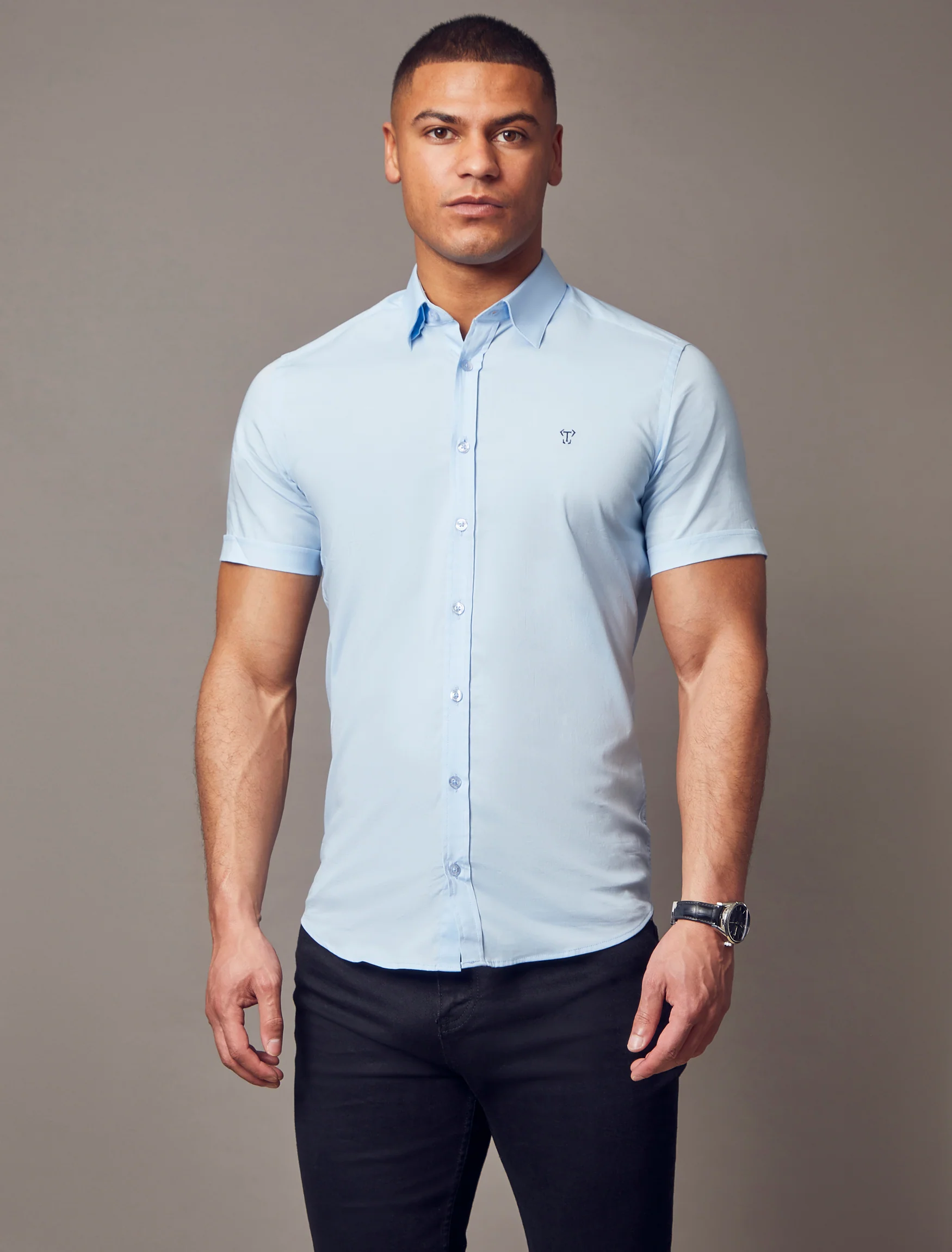 Blue Short Sleeve Tapered Fit Shirt - Image 6