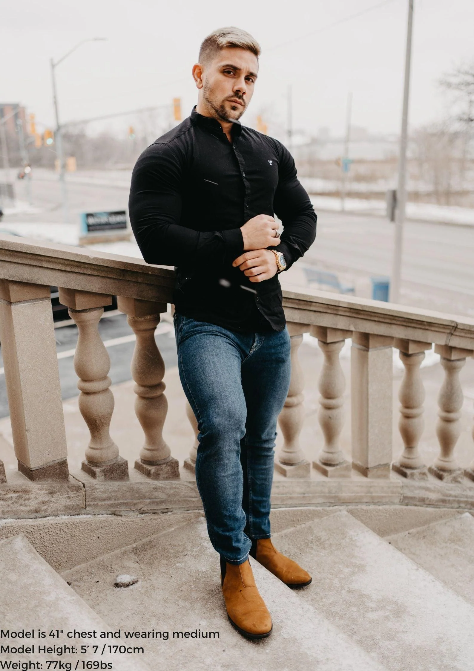 Grandad Collar Black Tapered Fit Shirt - Image 7