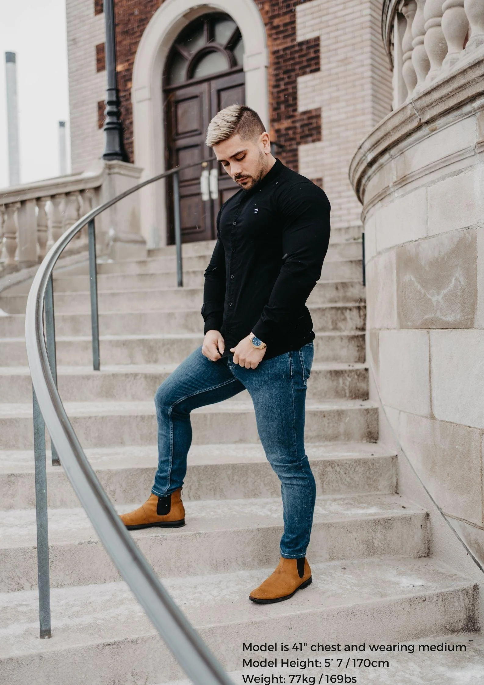 Grandad Collar Black Tapered Fit Shirt - Image 8