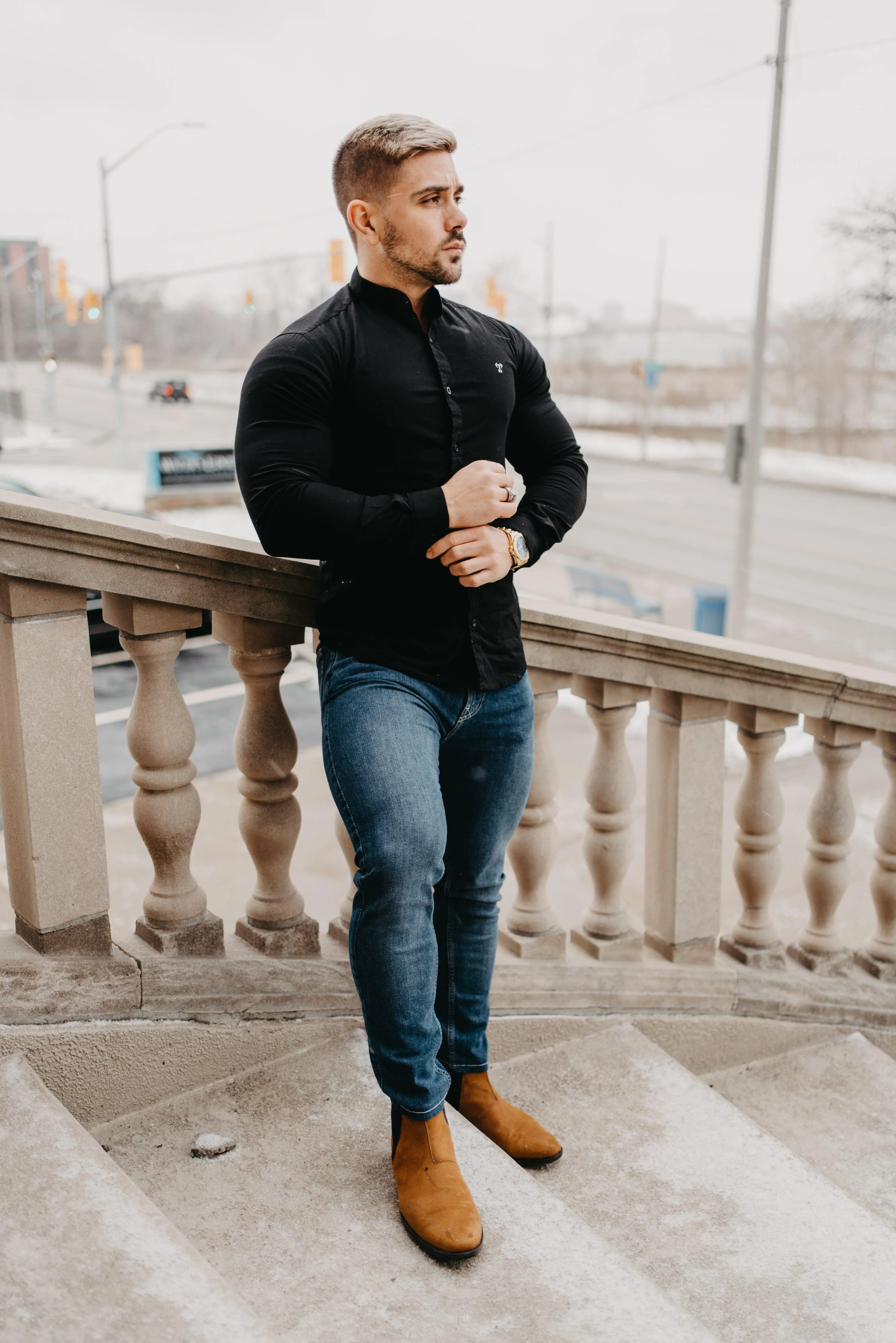 Grandad Collar Black Tapered Fit Shirt - Image 11
