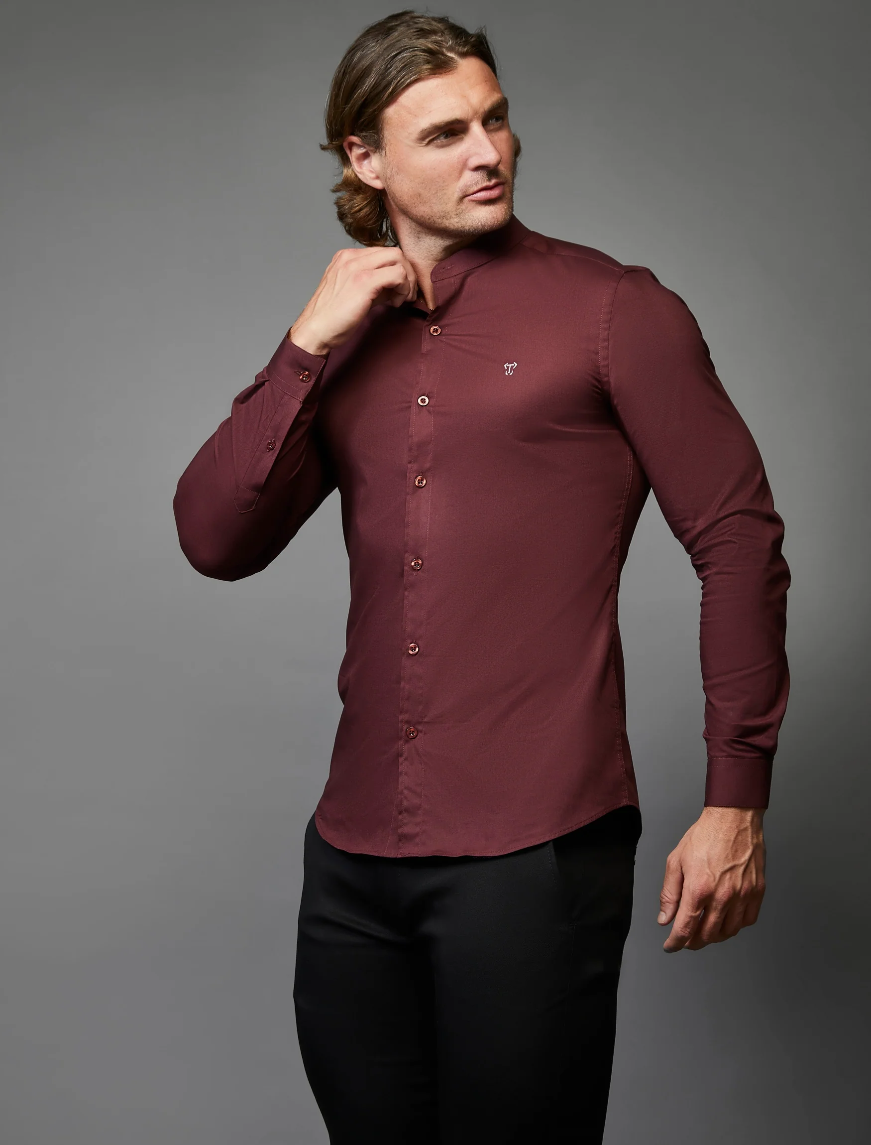 Grandad Collar Burgundy Tapered Fit Shirt - Image 3