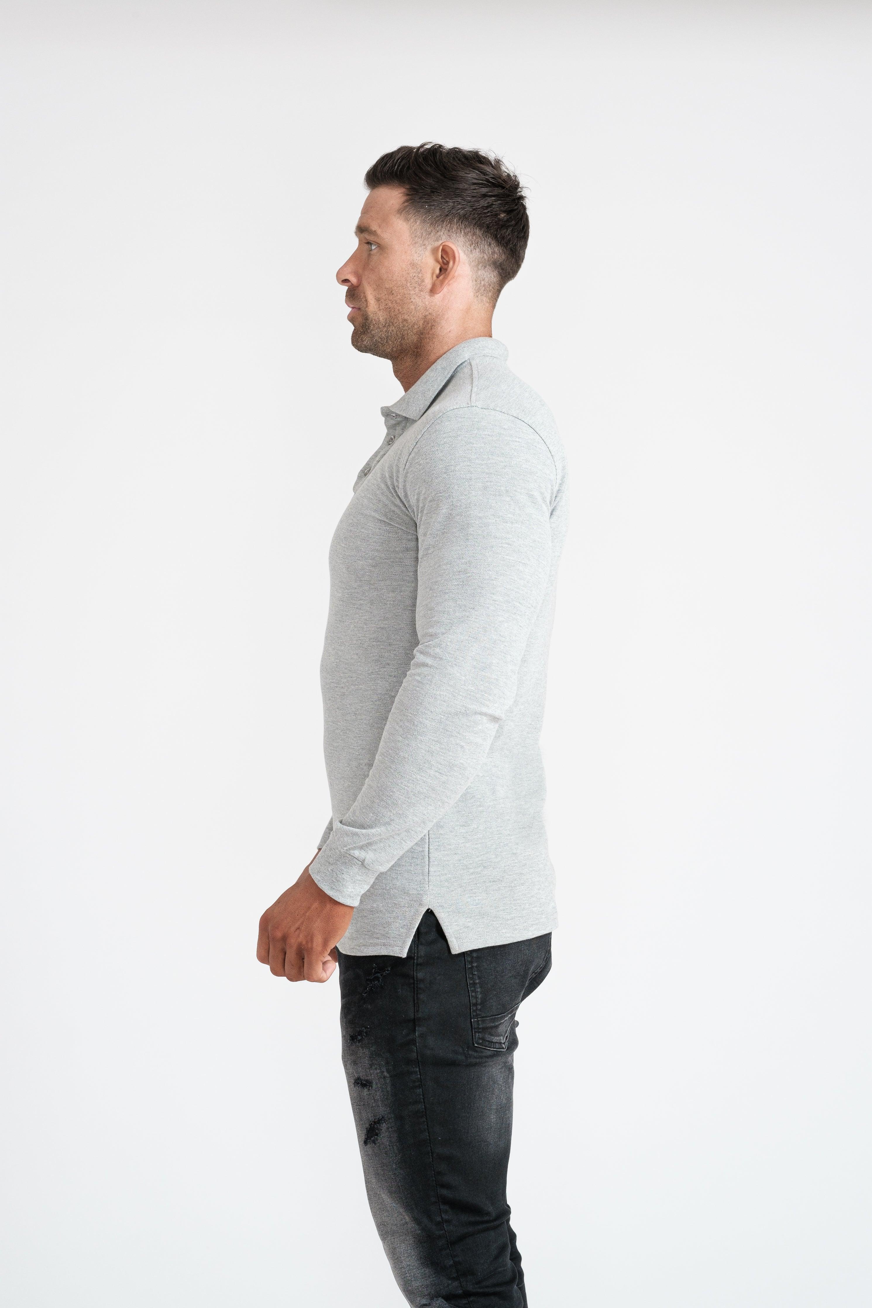 Long Sleeve Grey Tapered Fit Polo Shirt - Image 14