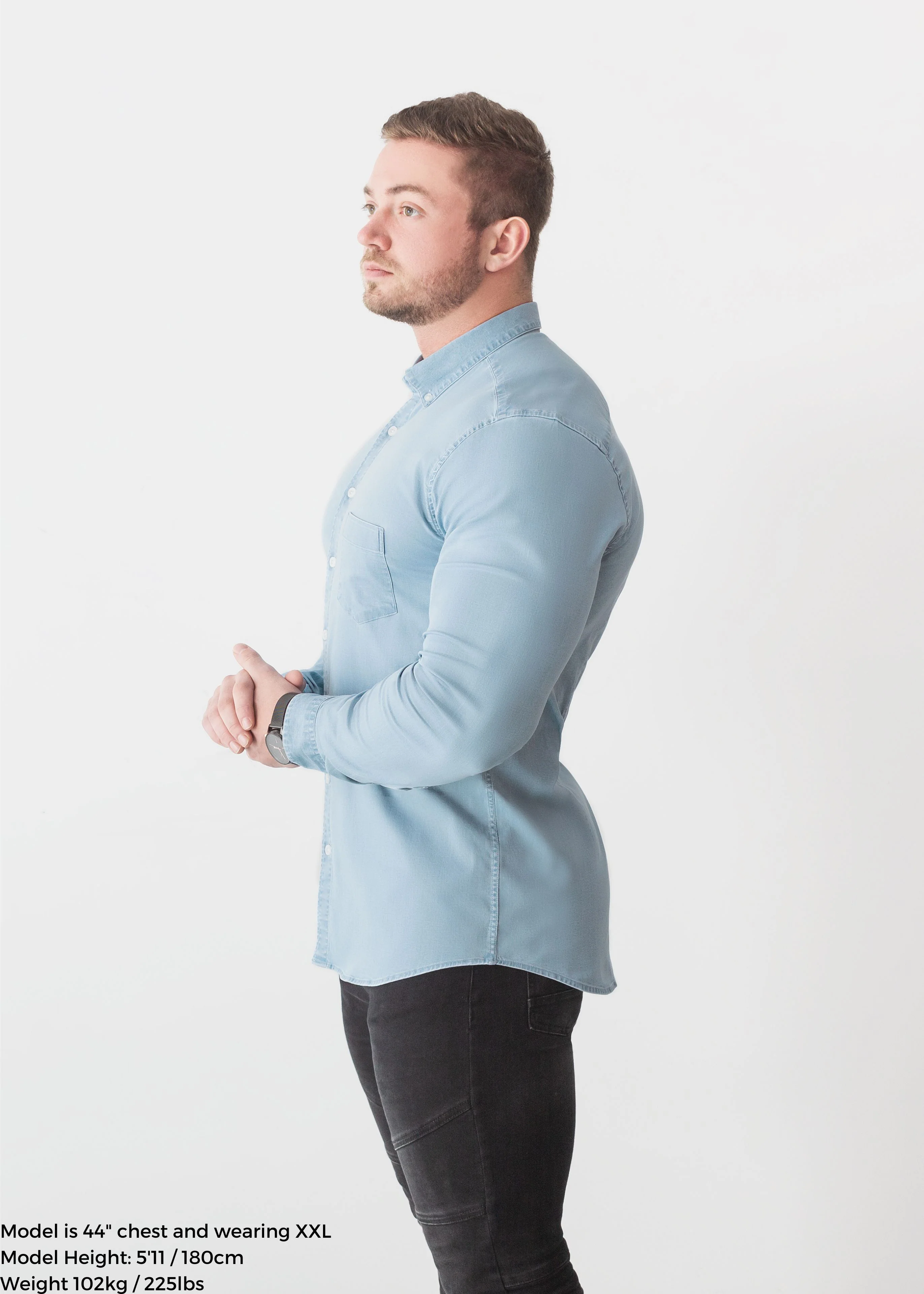 Light Wash Denim Tapered Fit Bodybuilder Shirt - Image 3