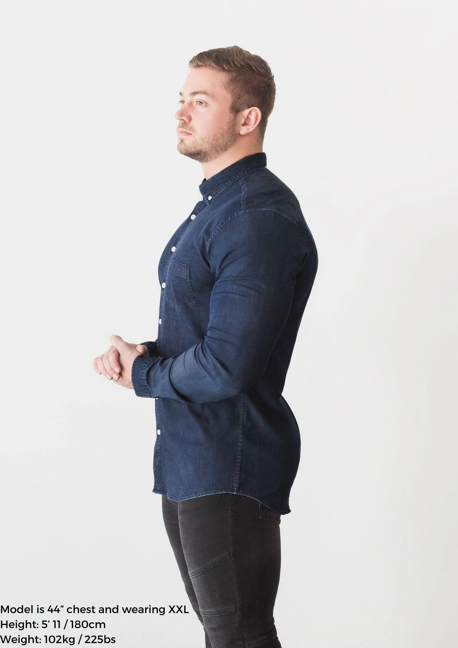 Navy Denim Tapered Fit Bodybuilder Shirt - Image 3