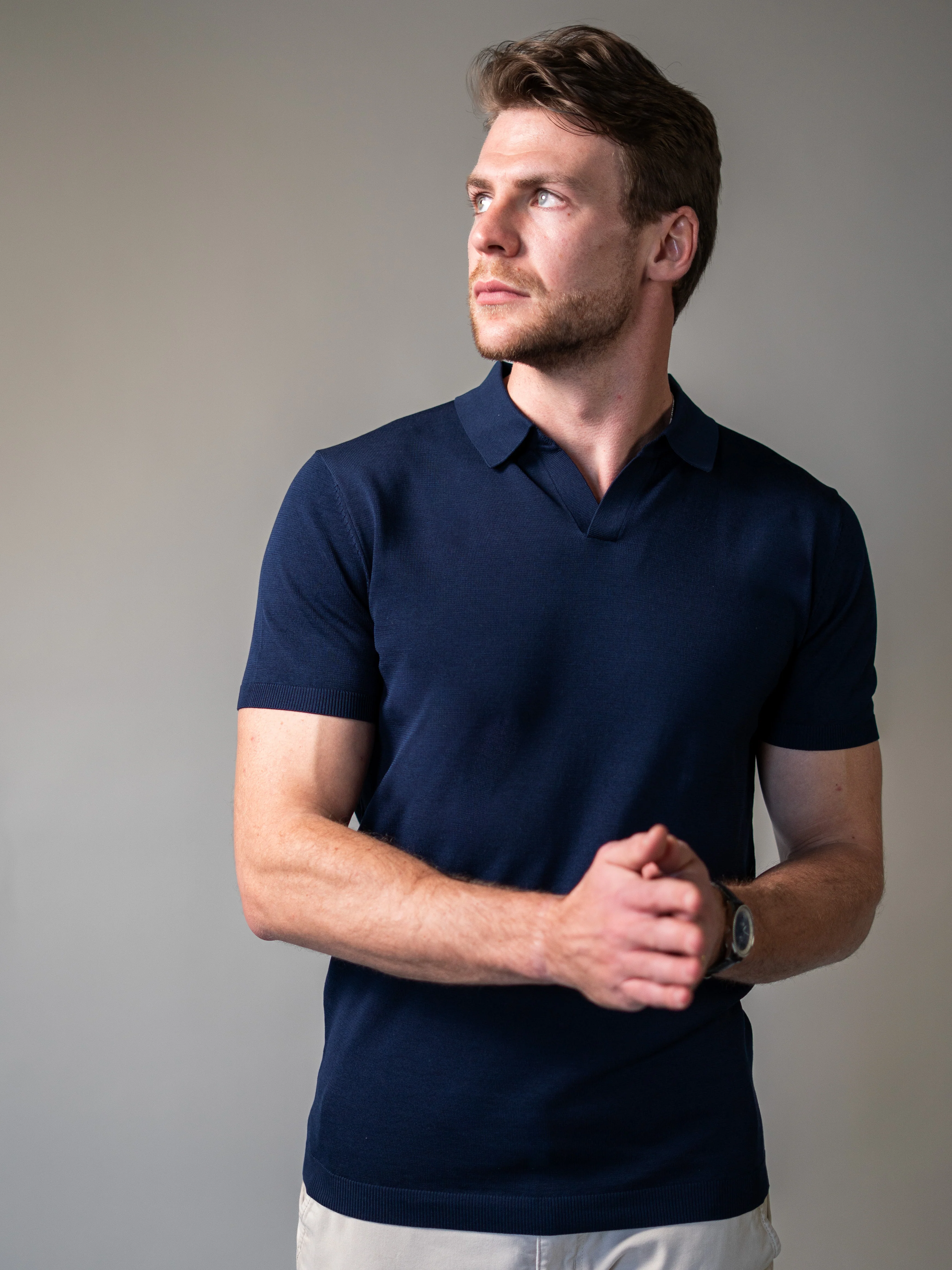 Navy Knitted Tapered Fit Polo Shirt - Image 3